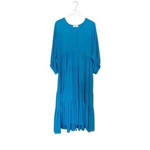 MEIMEIJ Italian Blue Flared Tiered V Neck Midi Dress US Medium